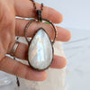 Beautiful flashes of light play in this Rainbow Moonstone and Copper handmade necklace.