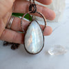 Beautiful flashes of light play in this Rainbow Moonstone and Copper handmade necklace.