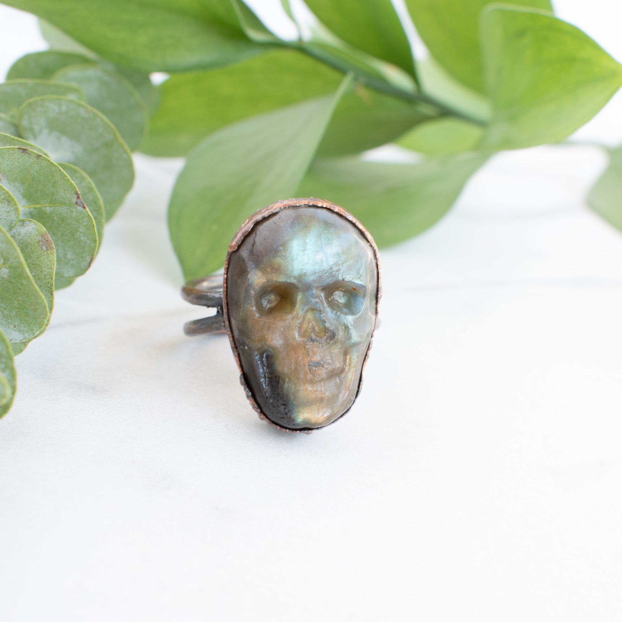 Labradorite Skull & Copper Ring