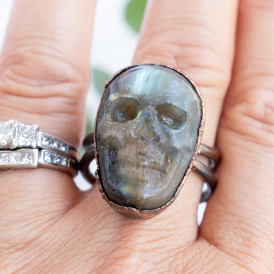 Copper and Labradorite Skull ring shown worn on a hand.