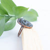 Side view of a Labradorite and Copper Skull ring.