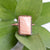 A shimmering Peach Moonstone and Copper ring in front of green leaves.