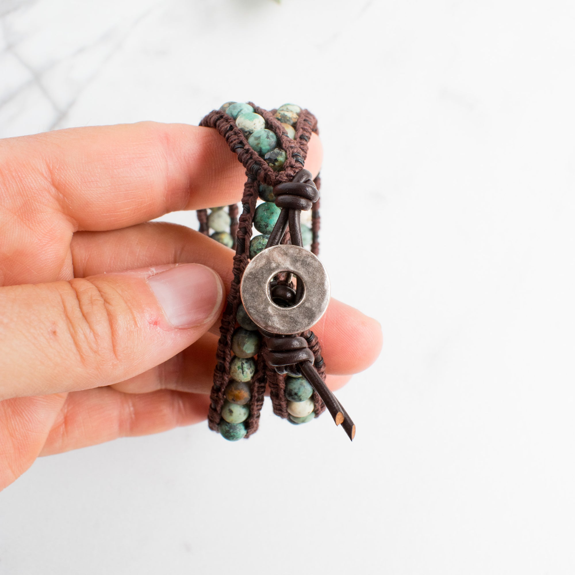 African Turquoise & Leather Wrap Bracelet