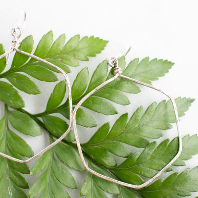 Silver plated wire wrapped hexagon earrings arranged on a green fern frond.