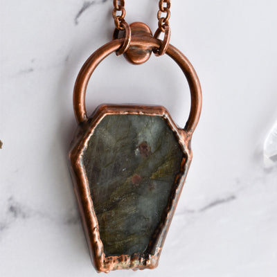 Labradorite & Rainbow Moonstone Copper Coffin Necklace