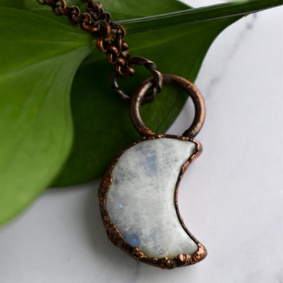 Rainbow Moonstone Crescent Moon Copper Necklace