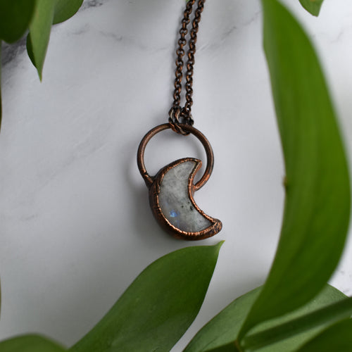 Rainbow Moonstone Crescent Moon Copper Necklace