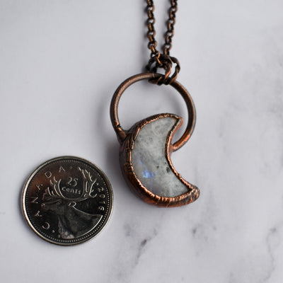 Rainbow Moonstone Crescent Moon Copper Necklace