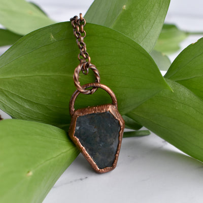 Moss Agate Copper Coffin Necklace