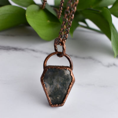 Moss Agate Copper Coffin Necklace