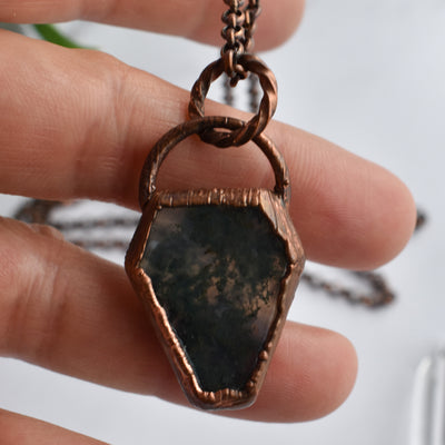 Moss Agate Copper Coffin Necklace